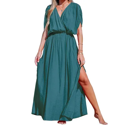 Women's Surplice Neck Leg-slit Maxi Dress