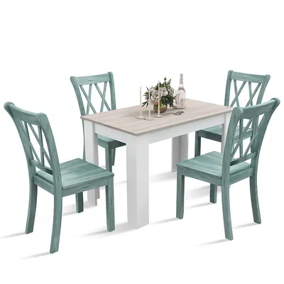 5 Pcs Dining Set Modern Rectangle Table & 4 Rubber Wood Chairs Kitchen Breakfast