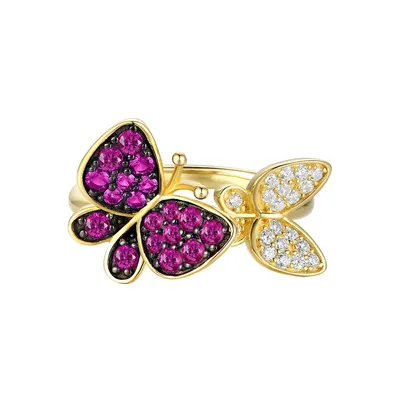 Gv 14k Gold Plated Sterling Silver With Ruby Cubic Zirconia Double Butterfly Stacking Ring