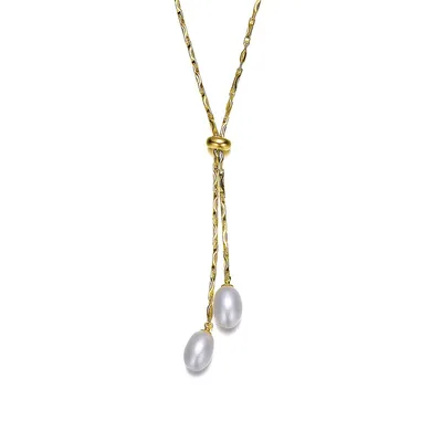 14k Yellow Gold Plated Pearl And Cubic Zirconia Y Neck Necklace