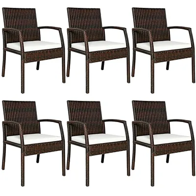 Set Of 6 Patio Rattan Dining Chairs Cushioned Sofa Armrest Garden Deck
