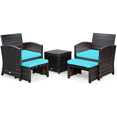 5pcs Patio Rattan Wicker Furniture Set Sofa Ottoman Cushion Turquoise