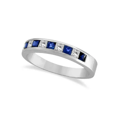 Princess-cut Channel-set Diamond And Sapphire Ring Band 14k White Gold