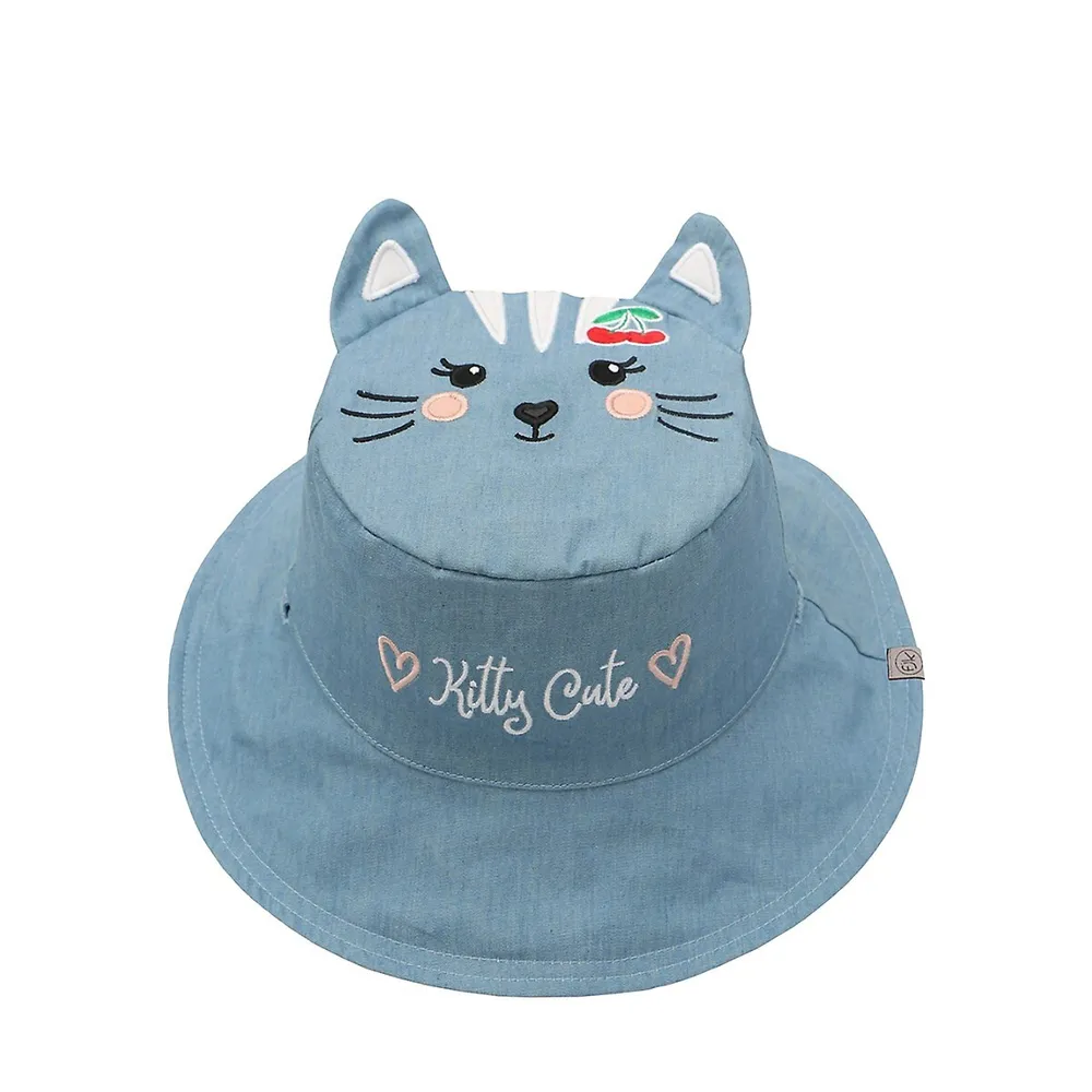 Chapeau de soleil réversible en coton à motif chat et cerise avec facteur protection contre les rayons UV 50 pour bébé tout-petit