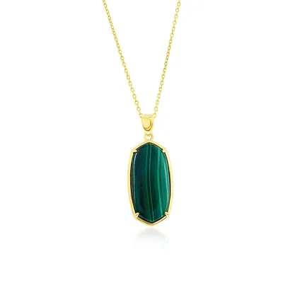 Sterling Silver Long Hexagon Malachite Pendant Necklace - Gold Plated