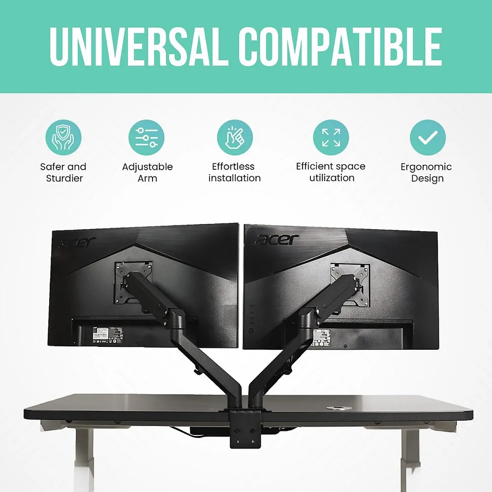 Dual Metal Computer Monitor Arm Stand Quick Release Vesa Mount Installation For Up To 28 Inch Screen - Black Arms