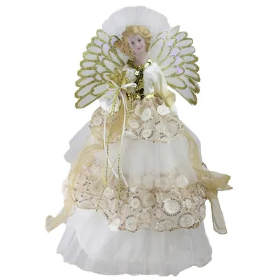 16" White And Gold Lighted Angel Sequined Gown Christmas Tree Topper