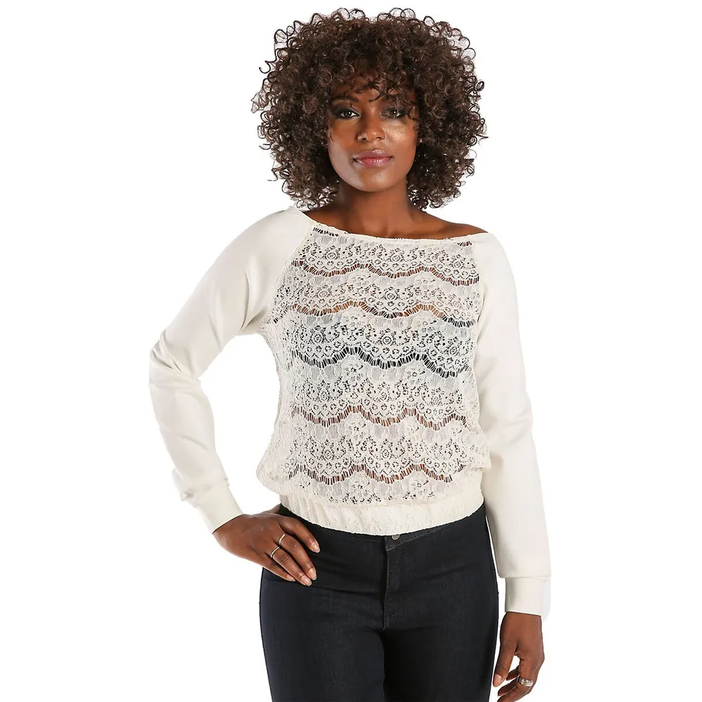 Poetic Justice Curvy Women's Lace Ponte Sleeve Pullover Boatneck Sweatshirt