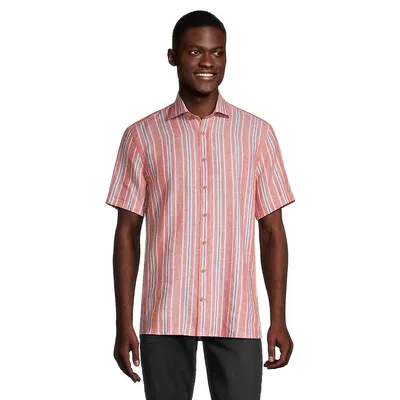 Balanced-Stripe Linen Short-Sleeve Shirt
