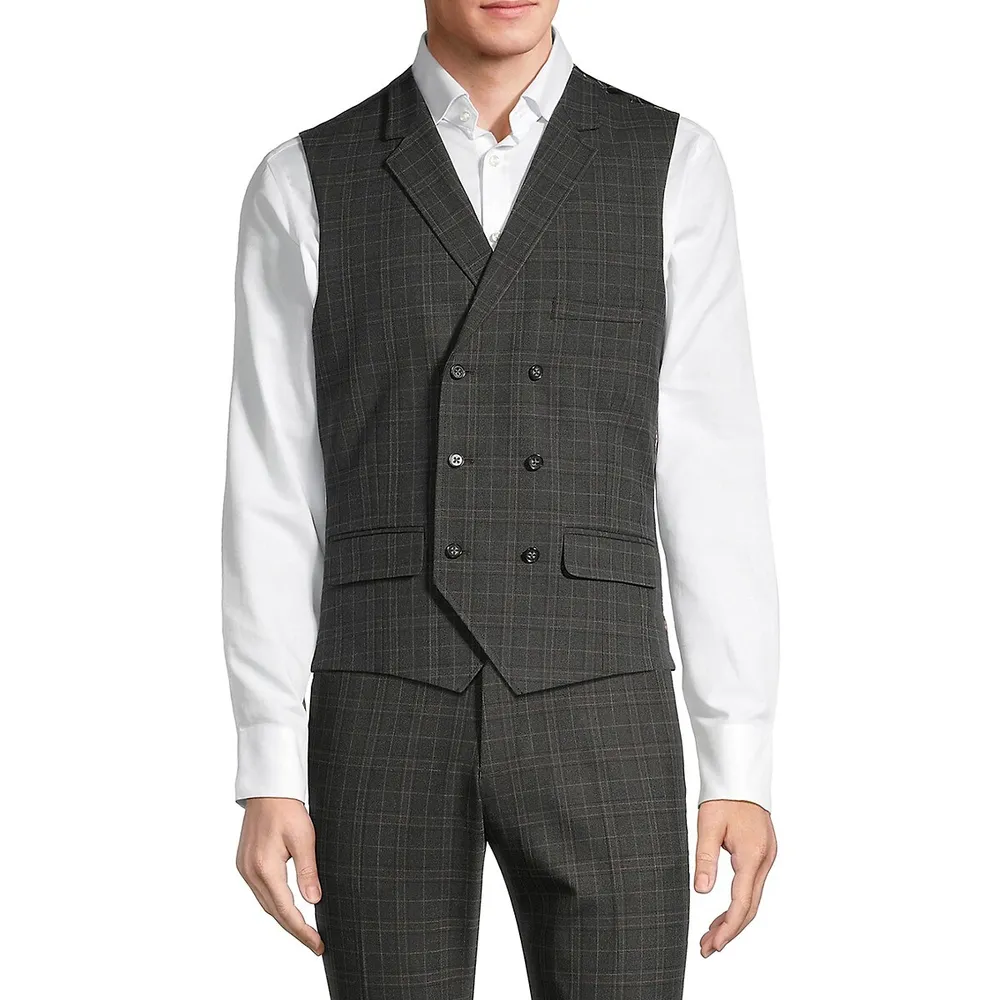 Slim-Fit Stretch Plaid and Floral Double-Breasted Vest