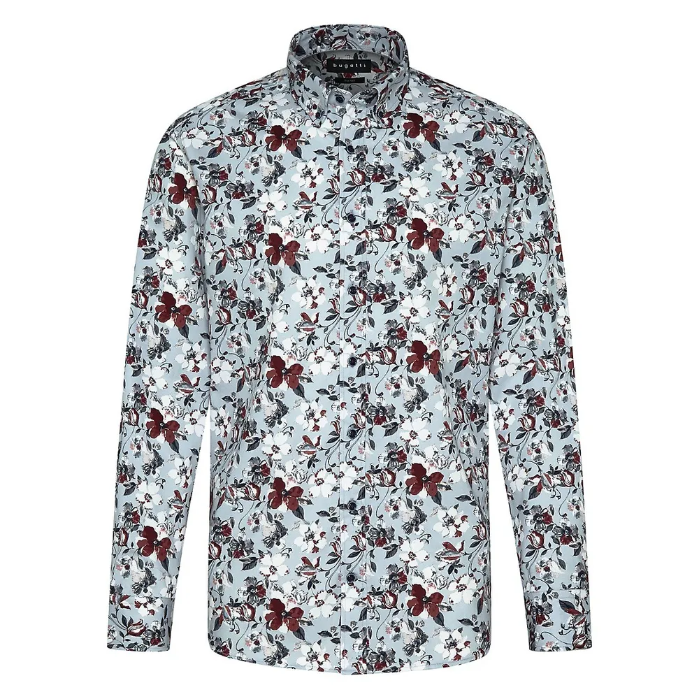 Modern-Fit Printed Peach Twill Shirt