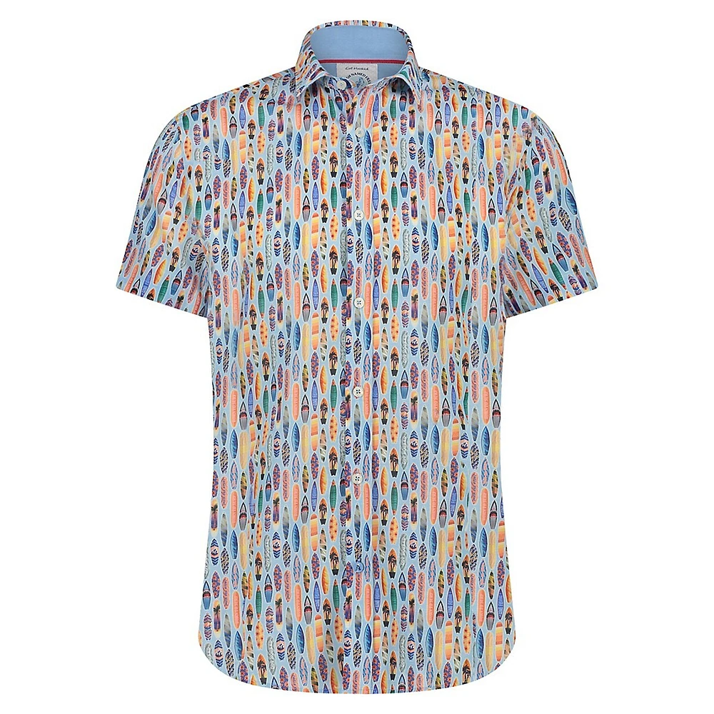 Surfboard-Print Modern-Fit Short-Sleeve Shirt