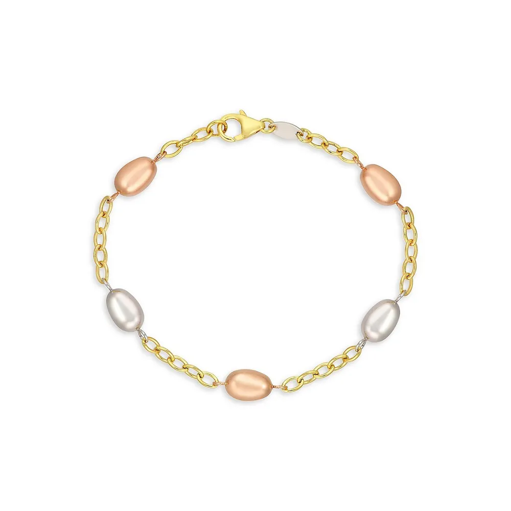 10K Tri-Tone Goldplated Oval-Station Chain Bracelet