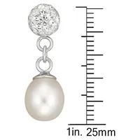 Sterling Silver, Cubic Zirconia & 6MM White Freshwater Pearl Drop Earrings