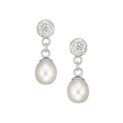 Pendants d'oreilles en argent sterling avec cristaux et perles d'eau douce blanches de 6 mm