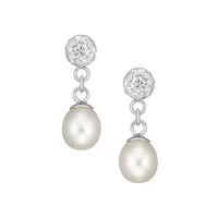 Sterling Silver, Cubic Zirconia & 6MM White Freshwater Pearl Drop Earrings