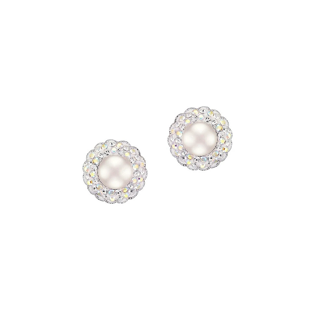 Sterling Silver, 5MM White Freshwater Pearl & Cubic Zirconia Stud Earrings