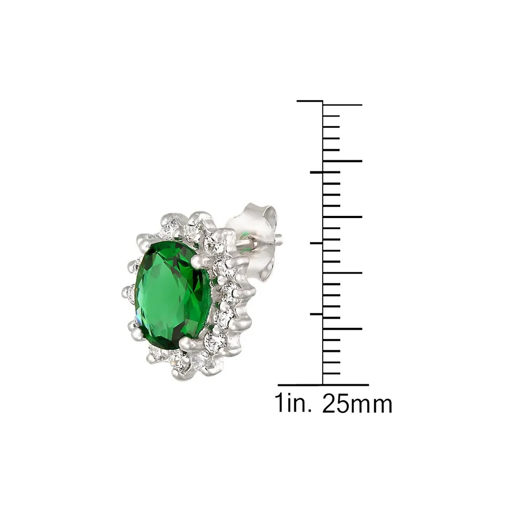 Sterling Silver, Emerald & Cubic Zirconia Stud Earrings