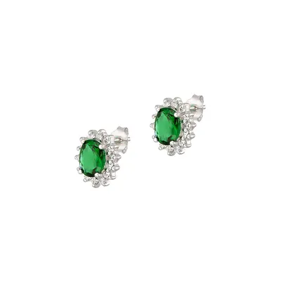 Sterling Silver, Emerald & Cubic Zirconia Stud Earrings