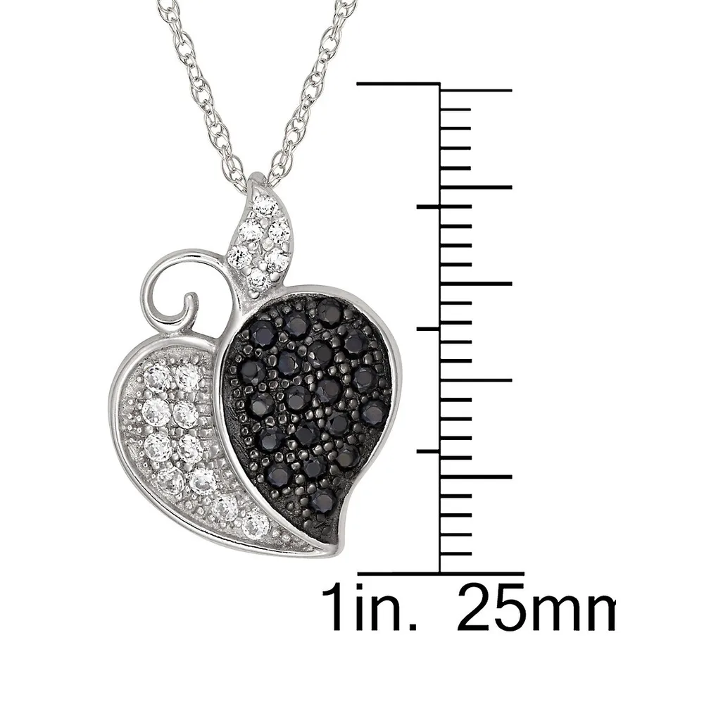 Sterling Silver & Black & White Pavé Crystal Heart Pendant Necklace