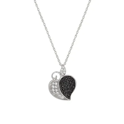 Collier à pendentif en forme de cœur en argent sterling avec pavé de cristaux blancs et noirs