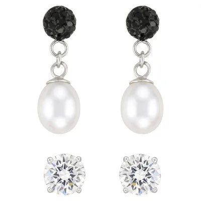 2-Pair Sterling Silver, 4.5MM Freshwater Pearl & Cubic Zirconia Earrings Set