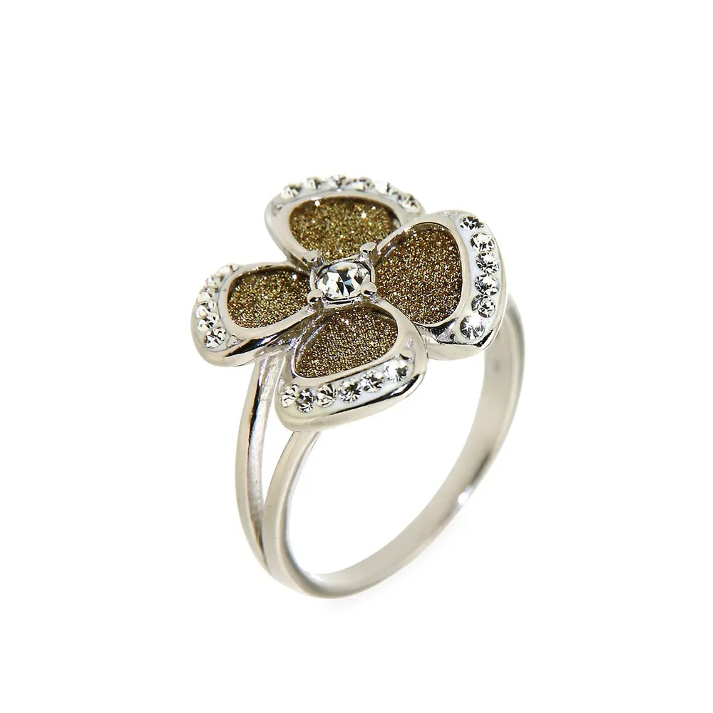 Goldtone Sterling Silver, Cubic Zirconia & Glitter Flower Ring