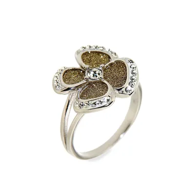 Goldtone Sterling Silver, Cubic Zirconia & Glitter Flower Ring