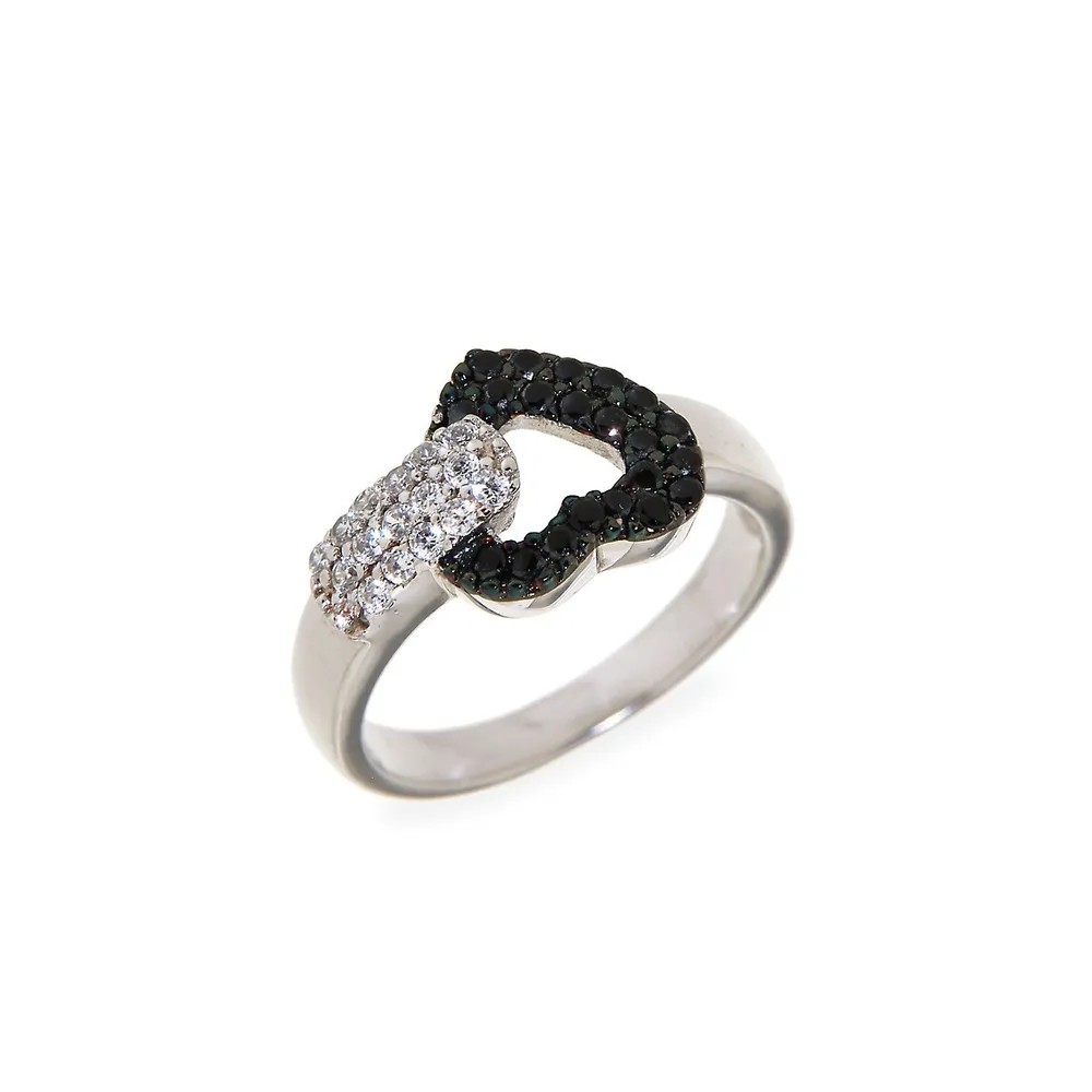 Sterling Silver & Cubic Zirconia White and Black Spinel Heart Ring