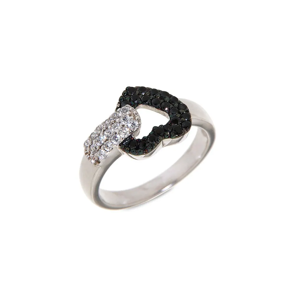 Sterling Silver & Cubic Zirconia White and Black Spinel Heart Ring