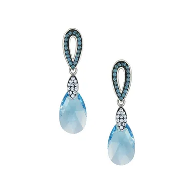 Boucles d'oreilles en forme de goutte en argent sterling rhodié avec cristaux Swarovski et topaze bleue