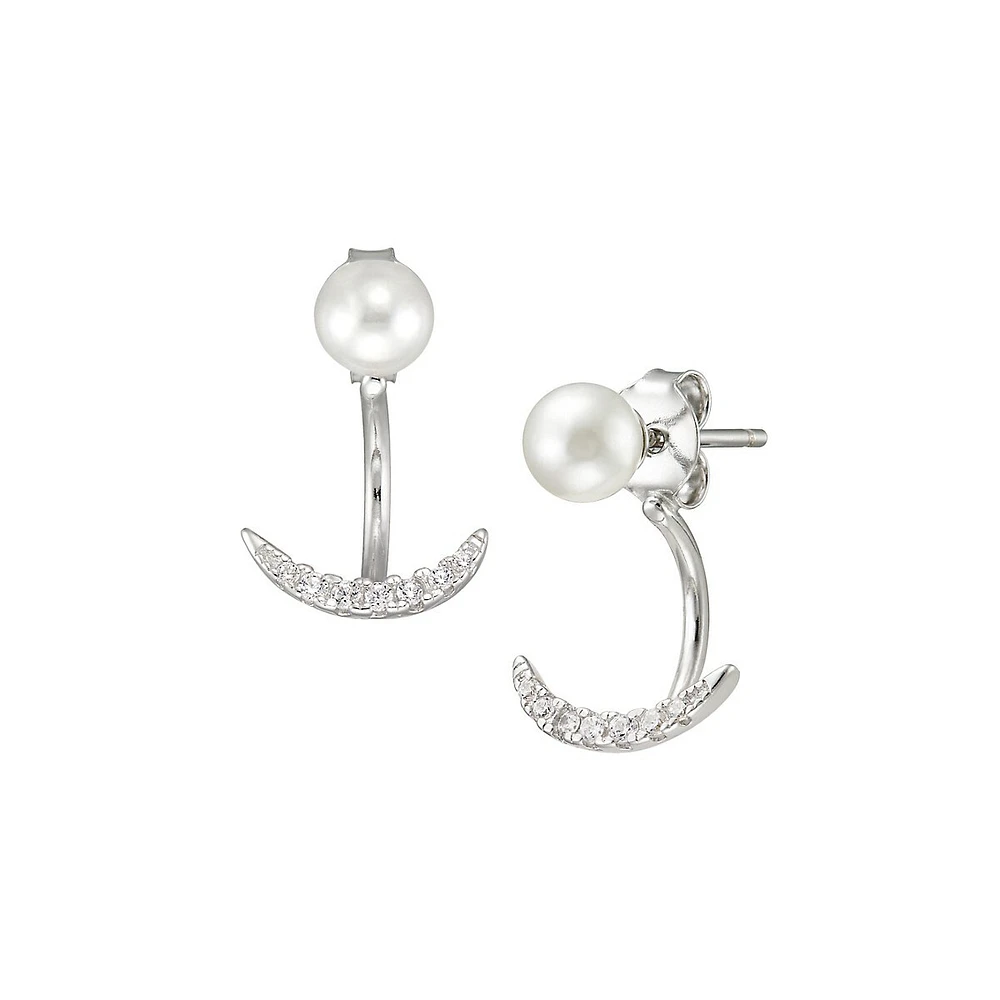 Sterling Silver, 5MM Freshwater Pearl & Cubic Zirconia Front Back Earrings