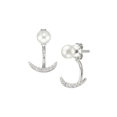 Sterling Silver, 5MM Freshwater Pearl & Cubic Zirconia Front Back Earrings