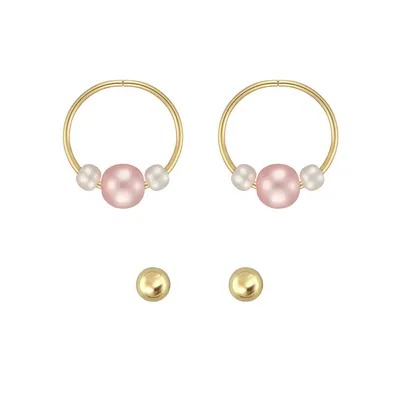2-Pair Gold Celebration 10K Yellow Gold & Two-Tone Faux Pearl Hoop & Stud Earrings Set