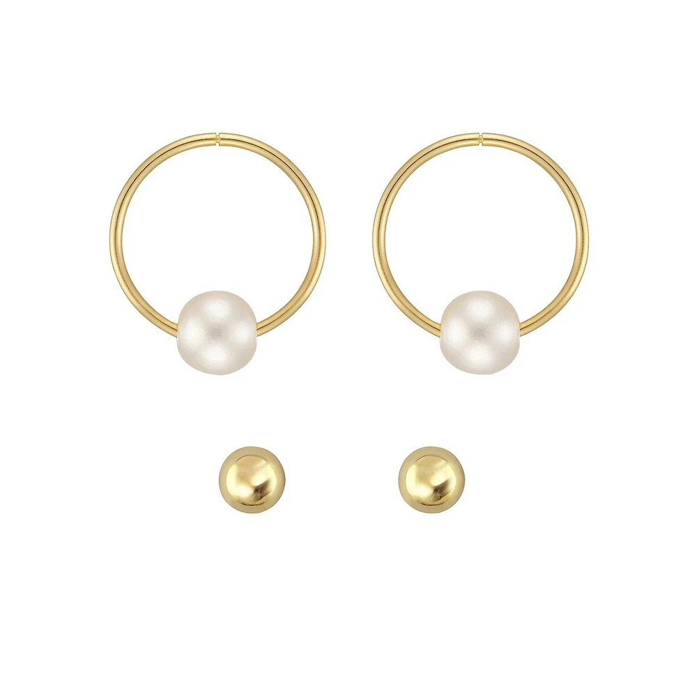 2-Pair Gold Celebration 10K Yellow Gold & Faux Pearl Hoop & Stud Earrings Set