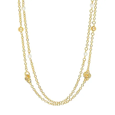 18K Goldplated & 3MM Freshwater Pearls Long Double Chain Necklace
