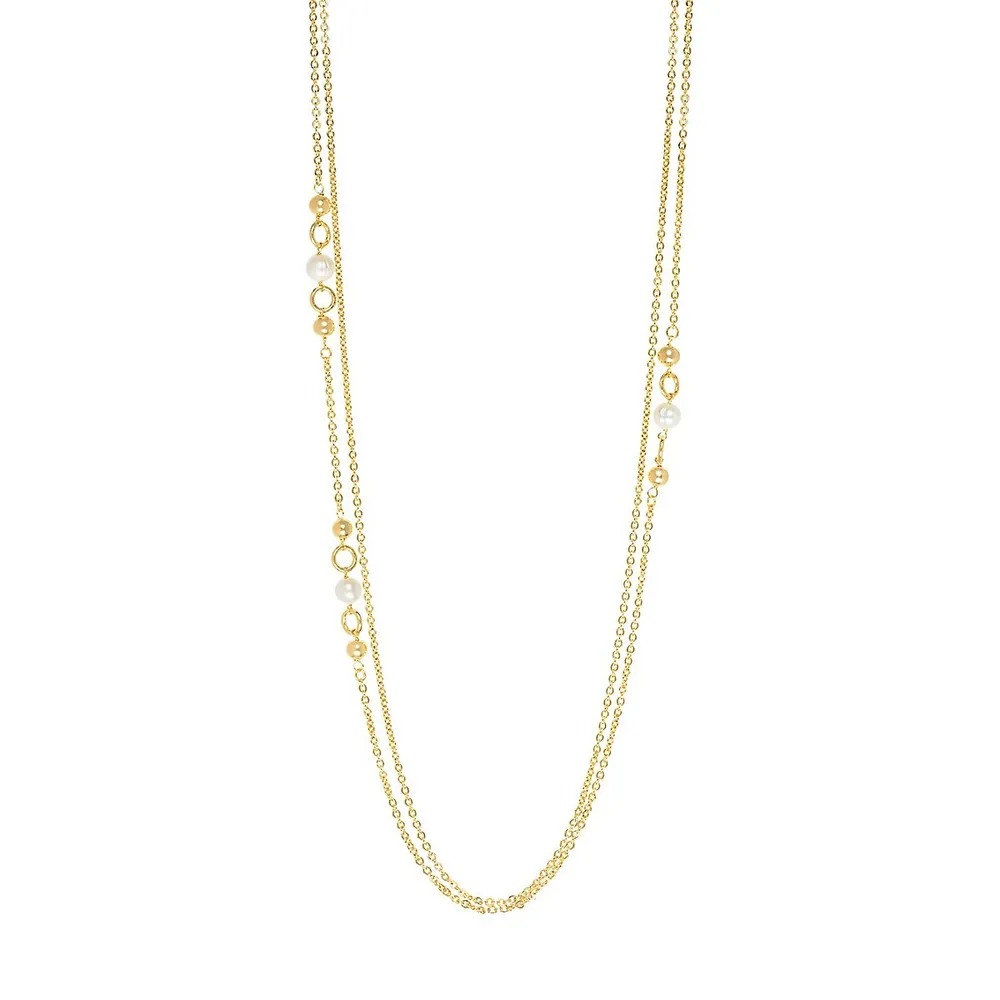 18K Goldplated Double Long Chain 4mm Freshwater Pearl Necklace