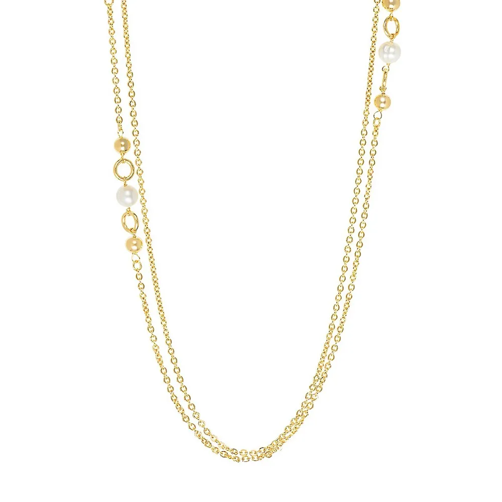 18K Goldplated Double Long Chain 4mm Freshwater Pearl Necklace