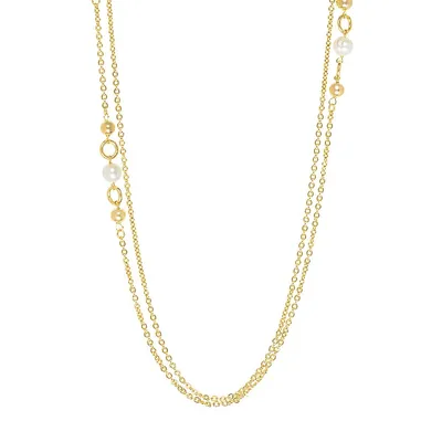 18K Goldplated Double Long Chain 4mm Freshwater Pearl Necklace