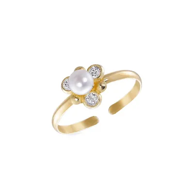 10K Yellow Gold, 4MM Freshwater Biwa Pearl & Cubic Zirconia Toe Ring