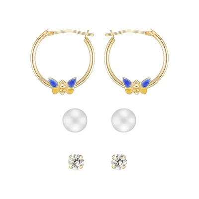 Boutons d'oreilles et anneaux en or jaune 10 ct avec perles d'eau douce de 4,5 mm Celebration, trois paires