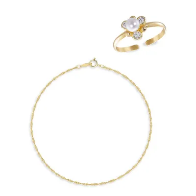 Gold Celebration 10K Yellow Gold & 5MM Freshwater Pearl Toe Ring & Anklet Set