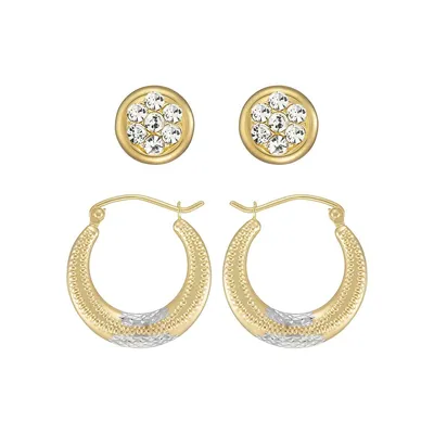 Boutons d'oreilles et anneaux en or jaune 10 ct et rhodium avec cristaux Celebration, deux paires