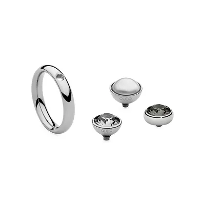 Rhodium-Plated, Stainless Steel, Black & White Swarovski Crystal Interchangeable Rings