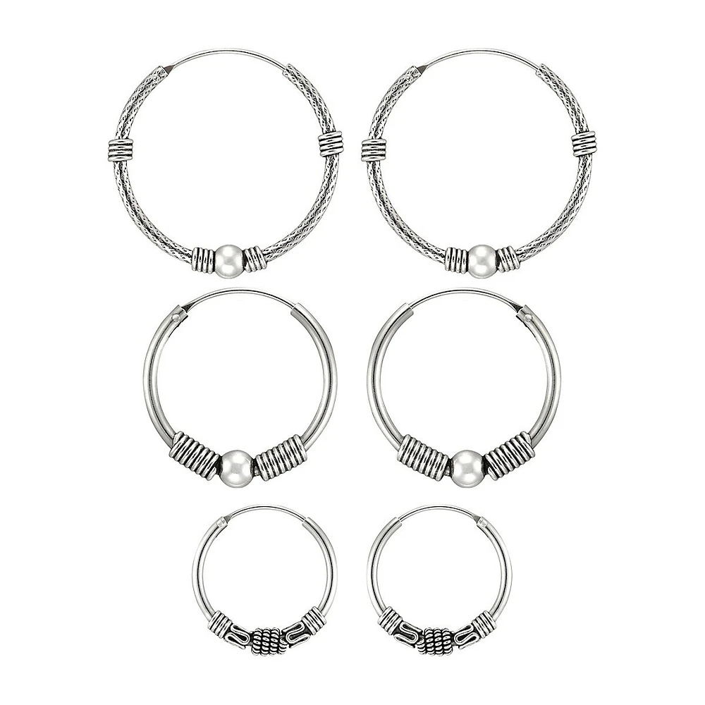 3-Piece Sterling Silver Bali Hoop Earrings