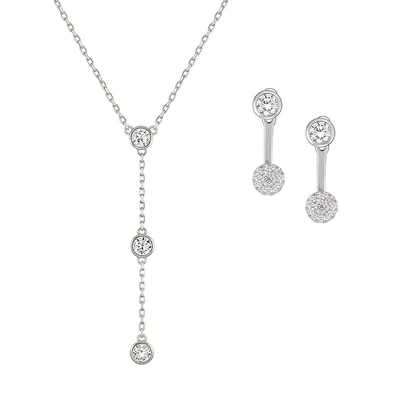Ensemble boucles d'oreilles et collier en Y en argent sterling avec cristaux ronds.