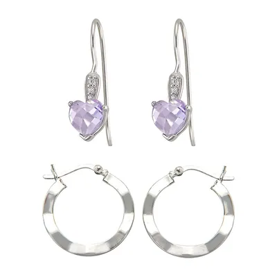 Sterling Silver Wave Hoops & Cubic Zirconia Heart-Shaped Drop Earrings Set