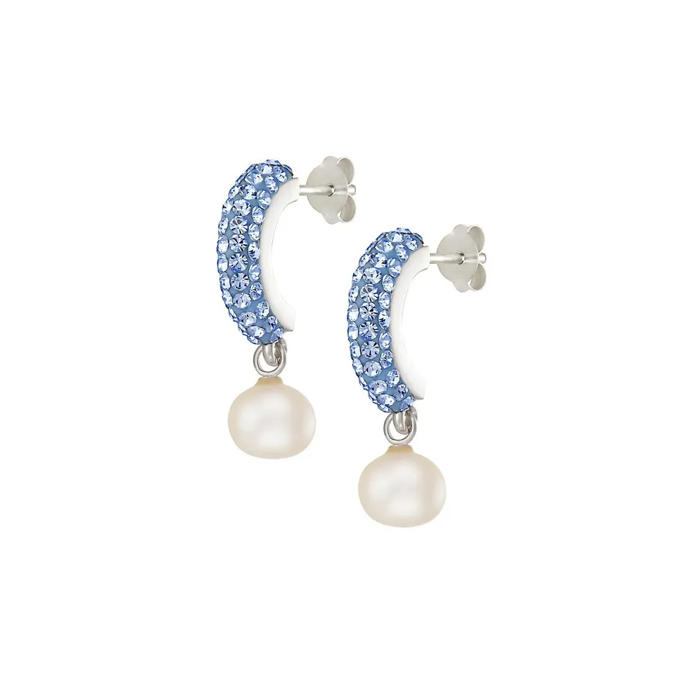 Sterling Silver, 6MM-8MM White Button Freshwater Pearl, Light Sapphire, Cubic Zirconia Jewellery Set