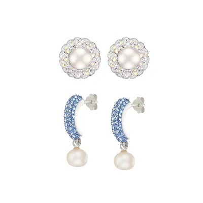 Sterling Silver, 6MM-8MM White Button Freshwater Pearl, Light Sapphire, Cubic Zirconia Jewellery Set