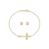 10K Yellow Gold Cross Bracelet & Ball Stud Earrings Set